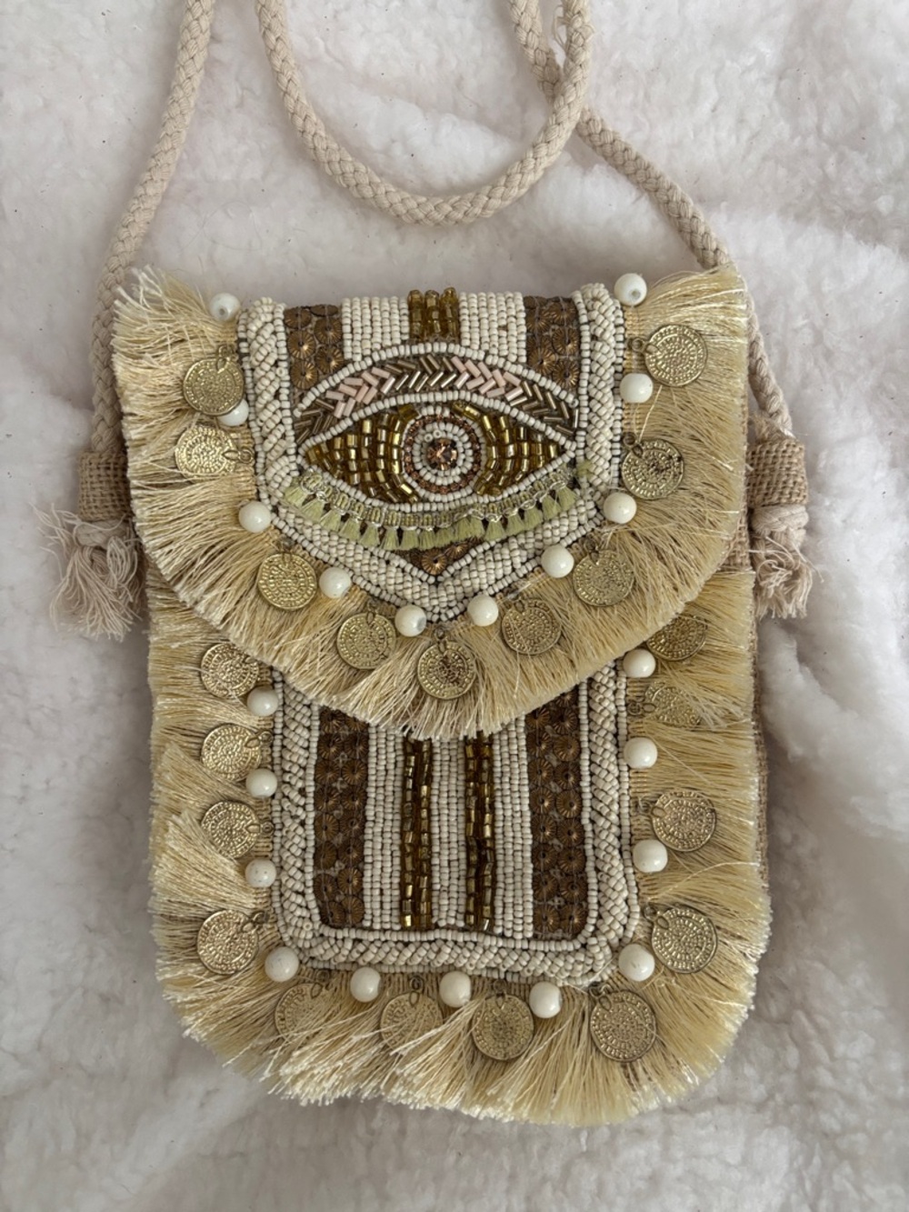Antik Kraft Boho Fringe Crossbody Bag in Cream and Brown - Picture 4 of 9